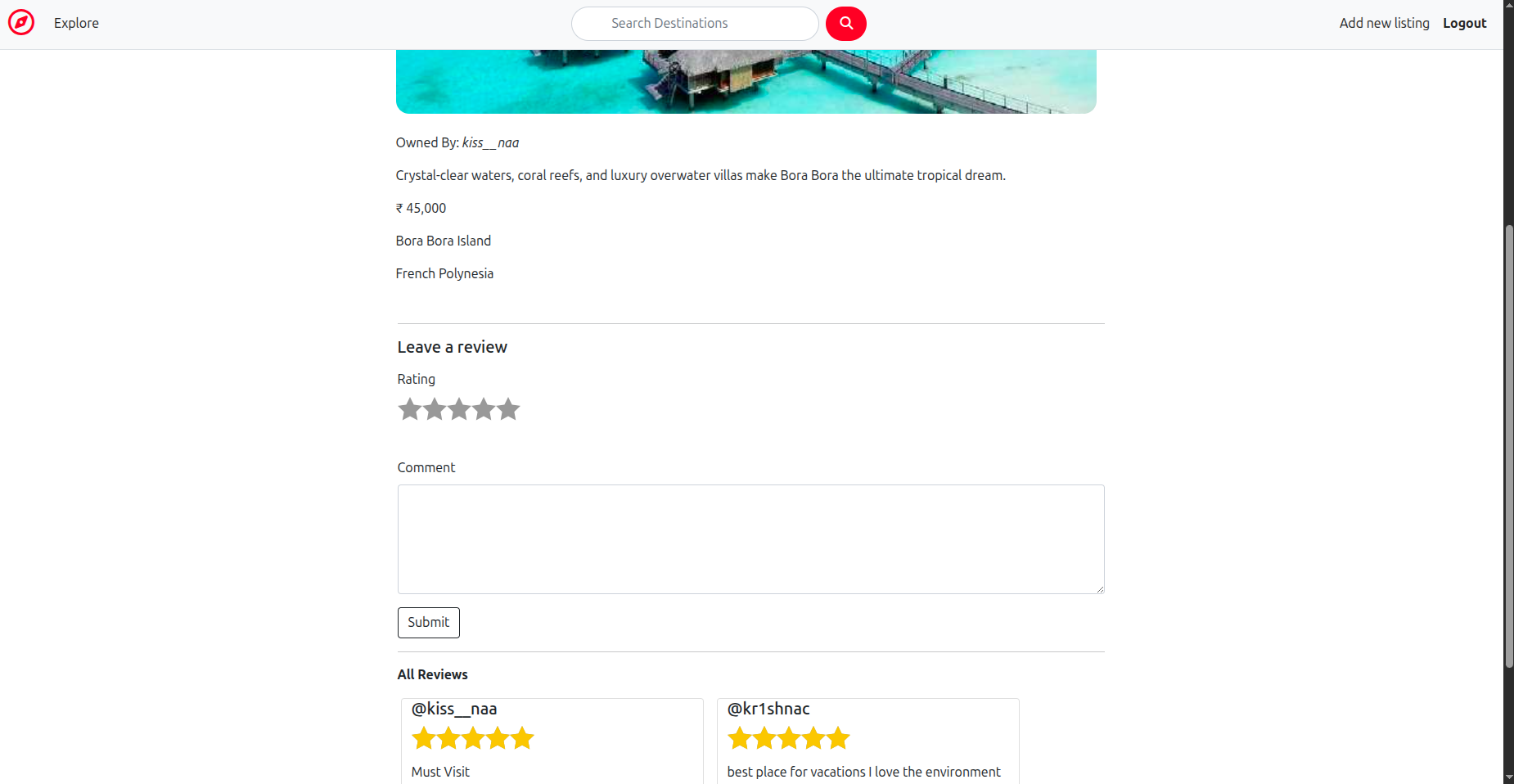 Property detail page with reviews section